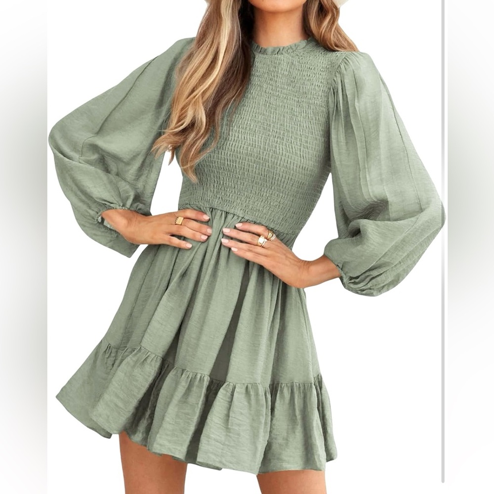 Xl Boho Mini Dress Long Sleeve Ruched Waist Flowy Short Dress